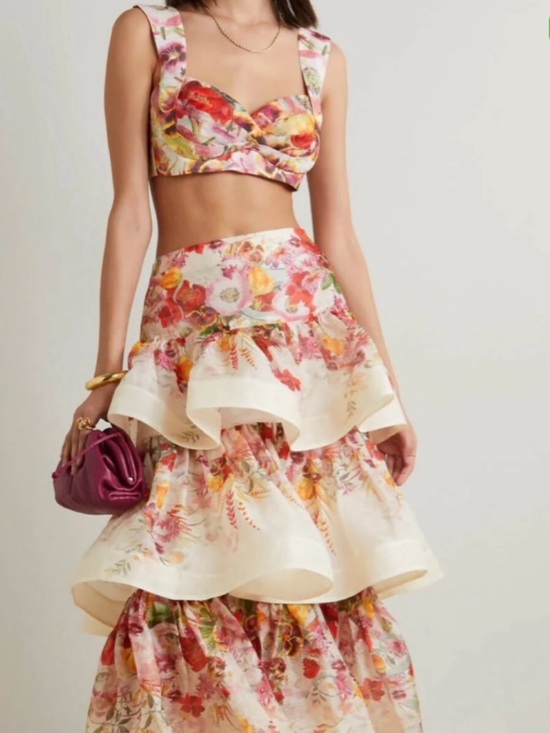 Zimmermann Dresses & Skirts - Zimmermann Wonderland Floral Tiered Organza Maxi Skirt in Cream and Pink